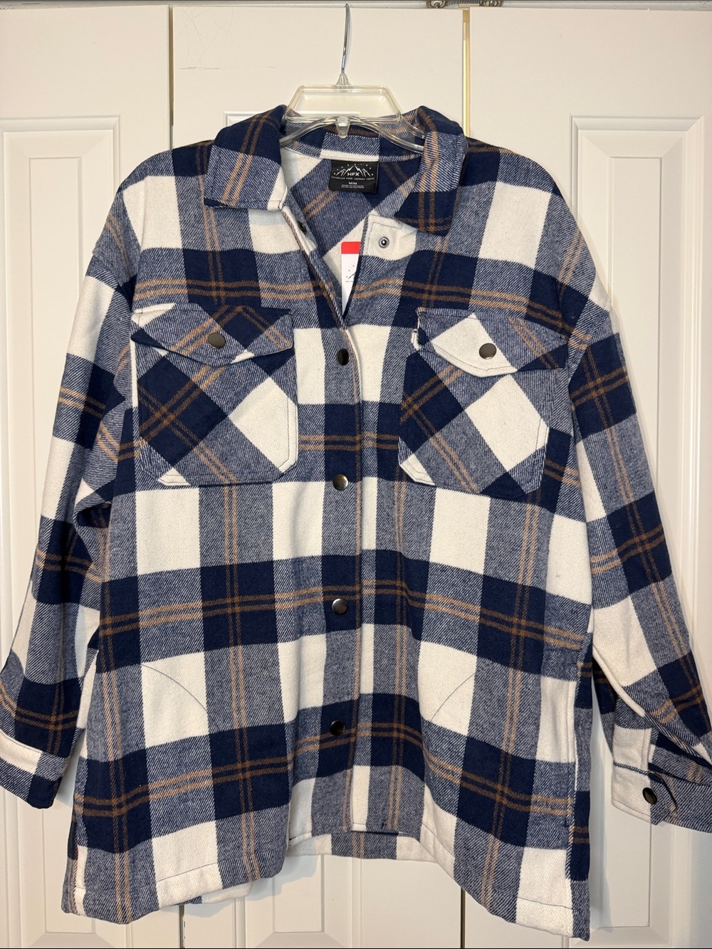Plaid Utility Shacket in Navy, White & Tan